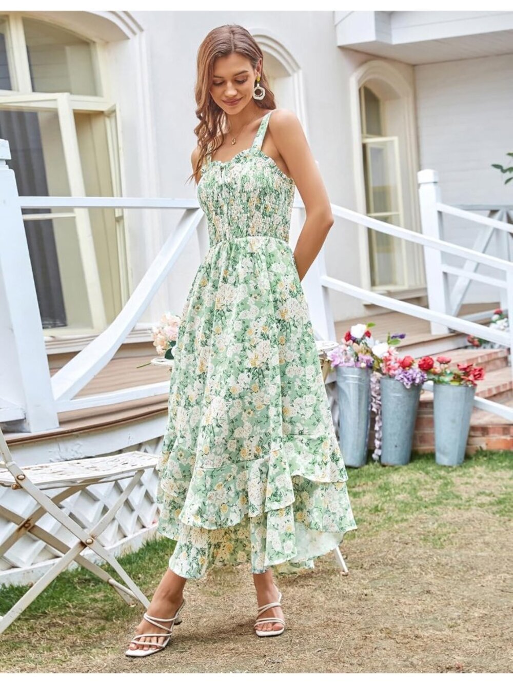 〽️Women's Green White Square Neck Strapped A LINE Floral Boho Long Maxi Dress